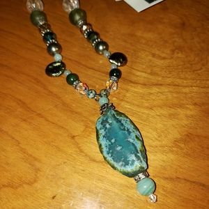 Handmade Teal and Green Druzy Agate Necklace 16" to 19" with earings